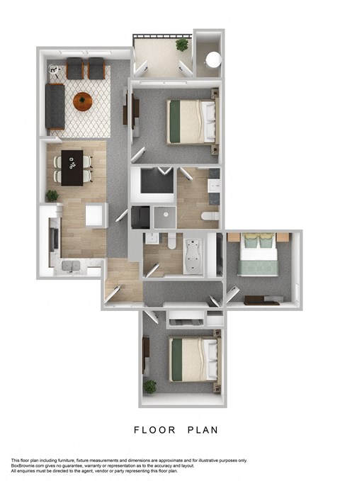 Floor plan for 3 beds, 2 baths, 981 sqft